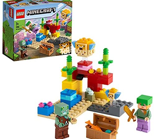 LEGO 21164 Minecraft Le Récif Corallien, Jouet de Construction avec Figurine de Alex et d'un Zombie Noyé, 2 Poissons Globes, Épée et Coffre au Trésor