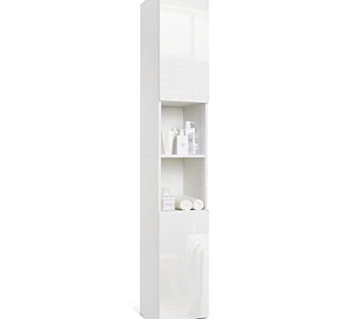 Meerveil - Meuble Colonne de Salle de Bain - Armoire de Rangement avec 2 Portes Brillantes, 6 Étagères Réglables, Moderne, Bois, 30 x 30 x 184cm Blanc