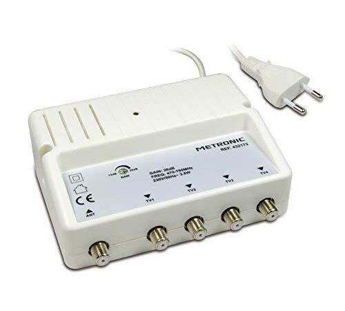 Metronic Amplificateur répartiteur blindé réglage de Gain/4 Sorties fiche F - 432175 Blanc