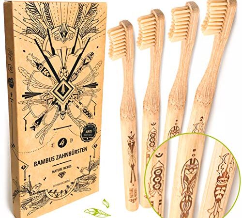 Nature Nerds - Brosses à dents en bambou dans un ensemble (4 pièces) / degré de dureté : moyen/fabriqué à partir de bambou cultivé de manière durable