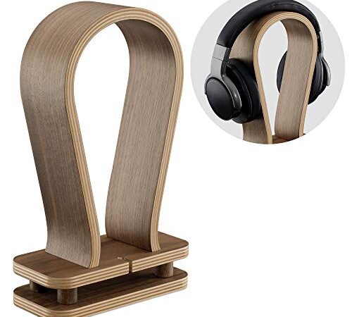 Navaris Support Casque Audio - Porte-Casque Universel Gaming ou Bureau en Bois de Noyer avec Support pour Câble Fils - Stand Repose Casque Déco