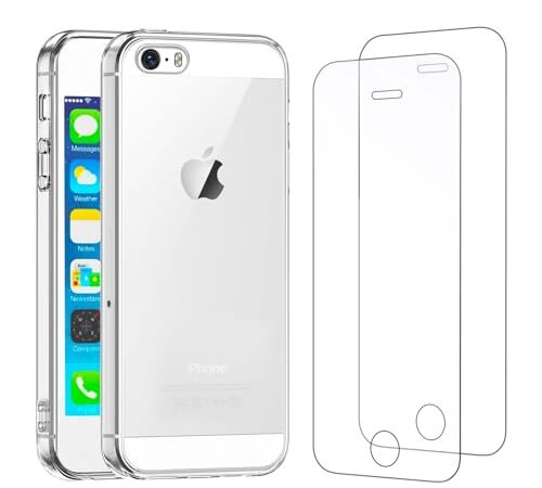 NEW'C Coque pour iPhone 5, iPhone 5S et iPhone Se 2016 Ultra Transparente Silicone en Gel TPU Souple et 2 × Verre trempé pour iPhone 5, iPhone 5S et iPhone Se Film Protection écran