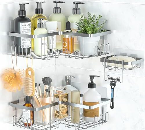 PNNP Etagère de Douche d'angle sans Perçage, Lot de 3 Etagere Salle de Bain Acier Inoxydable avec Porte Savon Douche, Rangement Douche pour Bouteilles de Shampoing gel, Support Douche - Argent