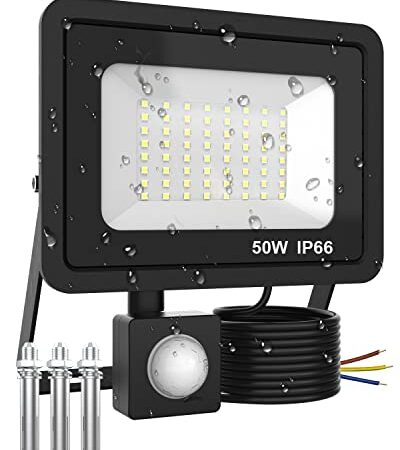 Projecteur LED Détecteur de Mouvement 50W, 5000LM Spot LED Extérieur, Étanche IP66 Projecteur Exterieur LED, 6000K Blanc Froid Projecteur LED Exterieur Detecteur de Mouvement Pour Cour, Patio - Black