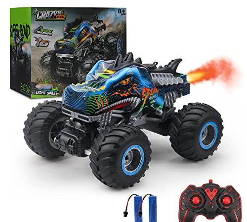 Rhybor Voiture Telecommandé 1:16 RC Dinosaures Monster Truck 2.4GHz 20 Km/h Tout Terrain avec Brume de Pulvérisation Musique Lumières LED Cadeau pour Les Enfants de 4 5 6 8 Ans