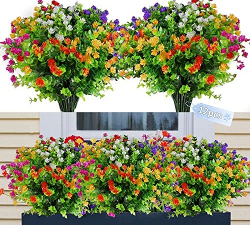 Sequpr Lot de 12 Fleurs Artificielles Extérieures, Plantes Artificielles, 6 Couleurs UV Résistant Bouquets Fleur Artificielle en Plastique, Fausses Fleurs Décor pour Maison Balcon Jardin Jardinière