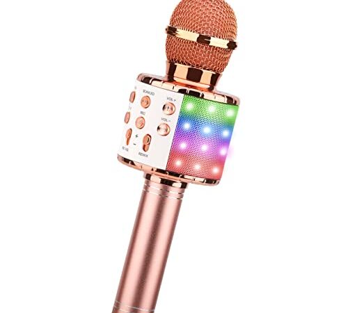 ShinePick Microphone Karaoke sans Fil, Micro Karaoké Bluetooth Portable avec LED Lumière Disco pour Enfants/Adultes Chanter, Compatible avec Android/iOS/PC/Smartphone (Or Rose)