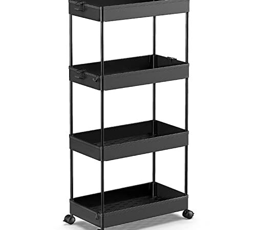 SPACEKEEPER Chariot de Rangement Mobile sur 4 Niveaux, Chariot de Stockage, Étagère sur roulettes, pour Cuisine Étroites, Salle de Bain, Buanderie, Bureau, 40x22x86cm, Noir