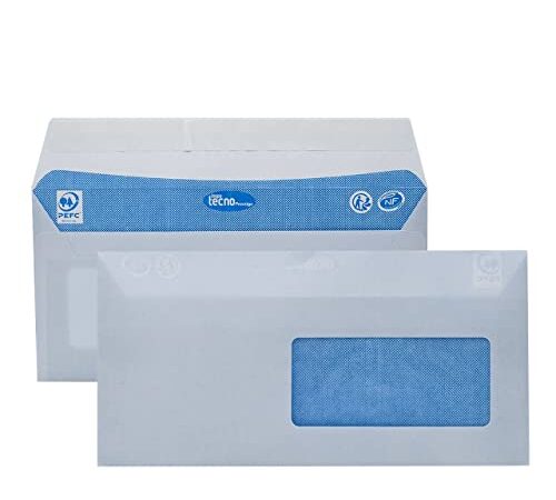 TECNO PRESTIGE, boîte de 500 enveloppes extra blanc, bande de protection, 80g, Format DL 110x220 mm avec fenêtre 45x100