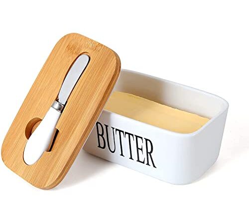 Webao Beurrier en Porcelaine, avec Couteau Fliptop, Plats au Beurre pour 250g de Beurre, Conteneur Bague d'Étanchéité Silicone, Bol à Multifonction, Blanc, (butter dish 350)