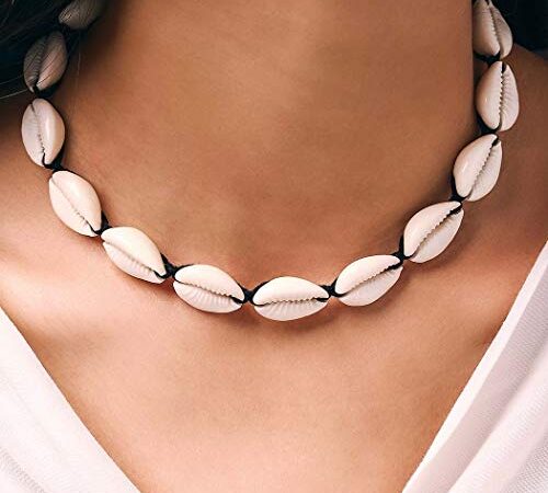 Yean Collier ras du cou bohème tressé en coquillages - Pour femme et fille (noir)