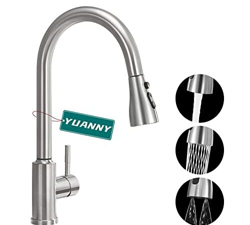 YUANNY Robinet Cuisine Mitigeur Cuisine avec Douchette Extractible, Pivotant à 360° Robinet Cuisine Douchette avec 3 Mode, Haute Pression Robinet d'Évier, Mitigeur Monocommande en 304 Acier Inoxydable