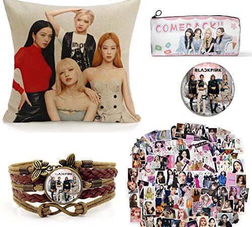 ZPPLD ZPPLD52 Blackpink Merchandise,Kpop Fans Gift Set,1 Taie d'oreiller, Imprimé,95pcs Autocollants, 1 Bracelet, Etui à Crayons en Toile, Broche, 45 x 45 cm