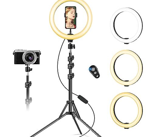 10" Ring Light avec Trépied Grand, Anneau Lumineux Selfie pour Tiktok/Youtube/Live Stream/Maquillage, LED Light Ring pour Vidéo/Photo, Réglable Anneau Lumière avec 3 Modes d'Eclairage et 10 Niveaux