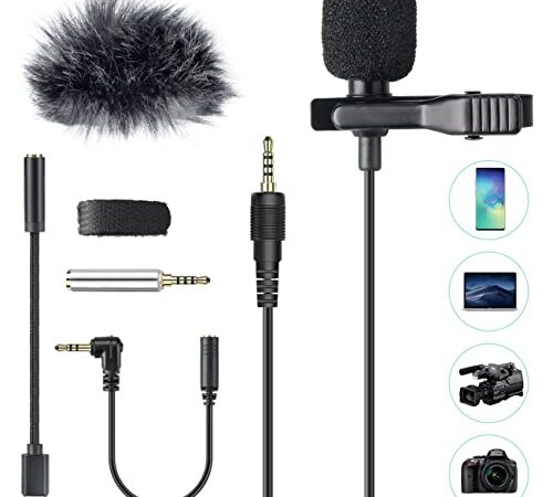 AGPTEK Microphone PC 3.5mm Jack Audio avec Clip et Fourrure Pare-brise, 2m Mini Micro Cravate Interview Condensateur Omnidirectionnel avec 2 Adaptateur et Adapter USB type-C pour Skype,iPhone,Android