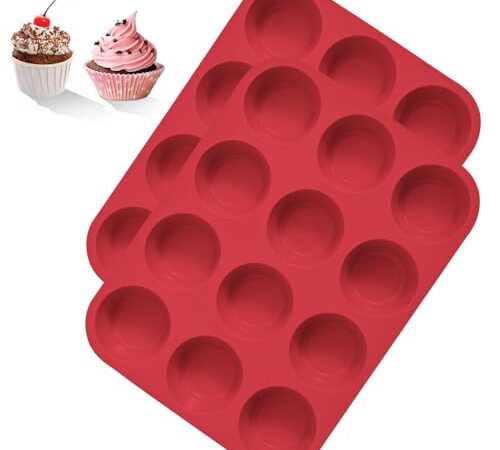 BASVII 2 Pièces Moule Silicone Patisserie, Moule Cupcake Muffins pour 12 Moules, Antiadhésif Moules à Cupcakes et Muffins Antiadhésif pour Gâteaux, Tartelette, passe au lave-vaisselle (Rouge)