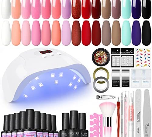 COSCELIA kit verni semi permanent 15 couleurs et lampe LED 36W sèche-ongles UV(avec Top Coat Base Coat Mat), Rose Blanc Transparent UV Gels, kit complet pour débutants