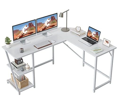 CubiCubi Bureau d'angle Gaming en Forme L - 150 * 120 cm Bureau Angle d'Ordinateur Gamer Informatique avec 2 Etagères Rangements, Pied Reglable pour Jouer, Travail, Domicile Chambre Z Blanc