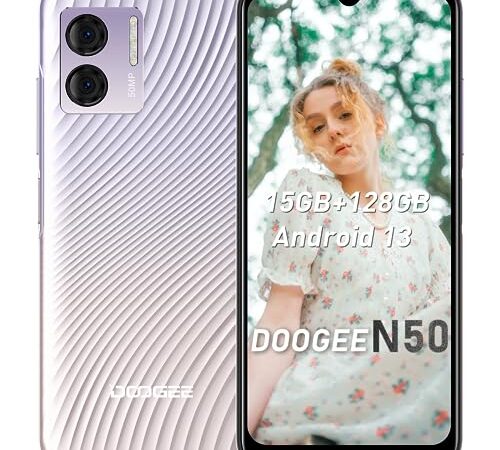 DOOGEE Telephone Portable, Smartphone N50 Android 13, Téléphone Portable Smart PA K9 Amplifier+6.52" HD+Écran Goutte,15 Go+128 Go/1To, Octa Core 4200mAh 50MP+2MP, Dual 4G Nano SIM/Face ID/OTG