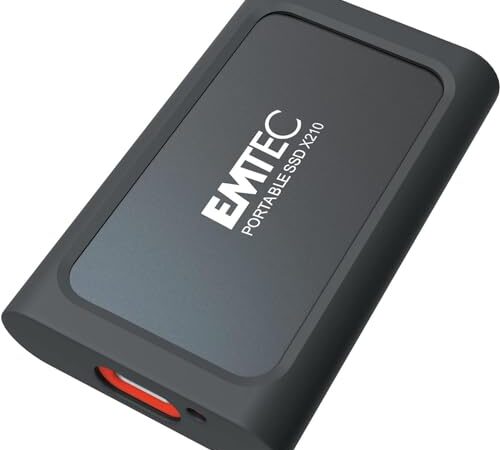 Emtec Disque SSD Externe X210 Elite 1To - Rétrocompatible USB 3.2 Gen1 et 2.0 - Technologie 3D NAND Flash - Câble USB-C 3.2 Gen2 vers USB-A et Coque de Protection Silicone Inclus Noir