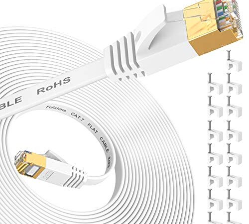 Folishine Câble Ethernet 10 m, Cat7 Internet haute vitesse avec connecteur RJ45 plaqué or, câble LAN blindé pour commutateur de réseau, plus rapide que Cat5/Cat5e/Cat6-Blanc