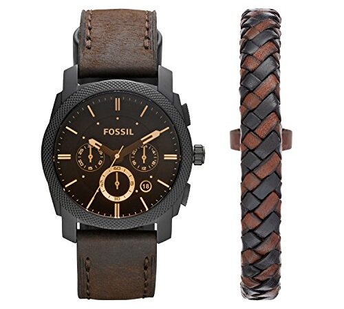 Fossil Montre pour Homme Machine, Mouvement Chronographe à Quartz, Boîtier en Acier Inoxydable Noir de 42 mm avec Bracelet en Cuir, FS5251Set