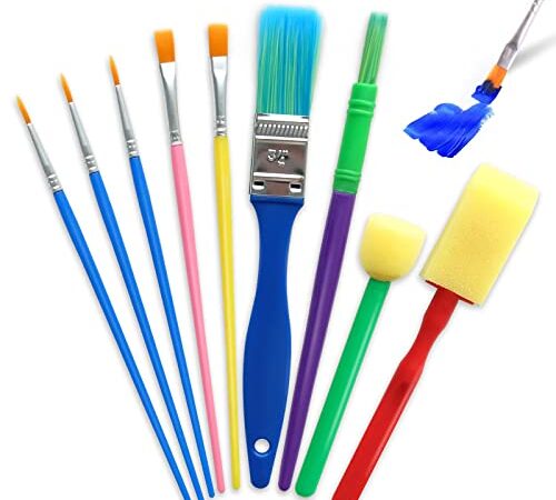 Hanyousheng Pinceaux Enfants, Peinture Brosse, Éponge Brosses, 9 Pcs Pinceaux Kits, Pinceaux Lavables, Ensemble Brosse de Peinture pour Débutant Peinture, Pinceaux pour Aquarelle, Huile, Acryliques