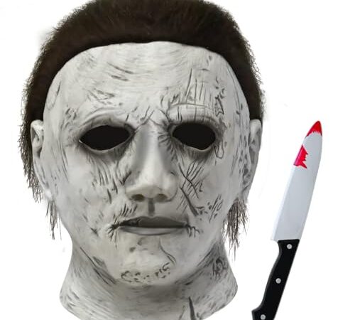 Hereneer Halloween Scary Mask, Michael Myer Movie Latex Horreur Masques, Masque émetteur de Lumière LED with Hair, Masque Adulte pour Halloween Carnaval Horreur Cosplay Costume (Rides)