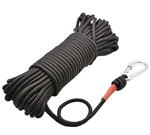 HHOOMY Corde D'aimant de Pêche avec Mousqueton, 65 Pieds (20 Mètres) Cordon Tout Usage en Nylon Haute Résistance et Corde Durable, Corde Lourde avec Verrou de Sécurité, Diamètre 6mm(0.23"), Noir