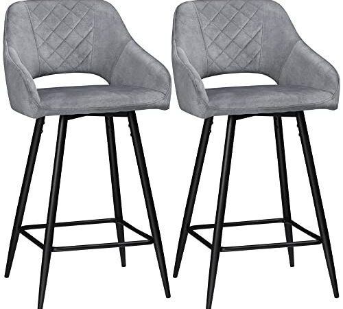 HOMCOM Lot de 2 Tabourets de Bar en Velours Chaises Bar Hautes Pieds en Métal Noir avec Repose-Pieds, accoudoirs Hauteur 67 cm - Gris