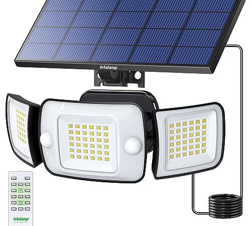 intelamp Lampes Solaires d'extérieur de Mouvement avec Télécommande,6000mAh 1200LM Lampes Solaires à détecteur ave Solaire Panneau Indépendant,4 Modes 270° Grand Angle Solaire Lumières ave 3m Cable