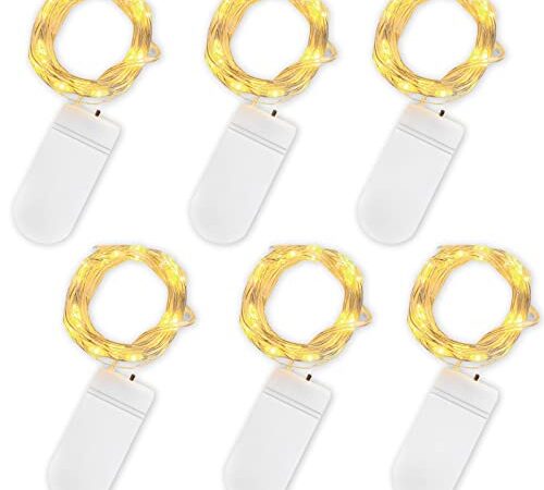 Jsdoin Guirlande Lumineuse à Piles, Lot de 6 Pièce Fée Chaîne Lumières 2m 20 LEDs Guirlande en Cuivre Étanche pour Décoration Anniversaire, Fête, Mariage, Noël, Pelouse, Blanc Chaud