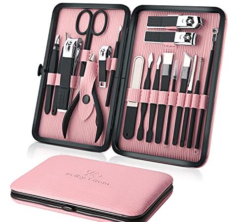 Kit Manucre Pedicure - Coupe Ongle Professionnel Coupe Cuticule Acier Inoxydable - Trousse Manucure Pedicure Set de 18pcs avec Exquis La Boîte by Keiby Citom (Noir & Rose)