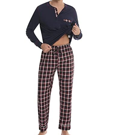 Litherday Pyjama Homme Coton Ensemble de Pyjama à Carreaux Vêtements De Nuit Automne et Hiver à Manches Longues Haut et Pantalon Plaid,D01 Bleu Marine,XL