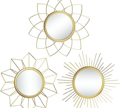 Lot de 3 miroirs muraux dorés pour décoration Murale - pour la Maison et la Chambre - en métal - pour Le Salon, la Chambre et la Salle de Bain - Miroirs décoratifs Modernes (MW009)