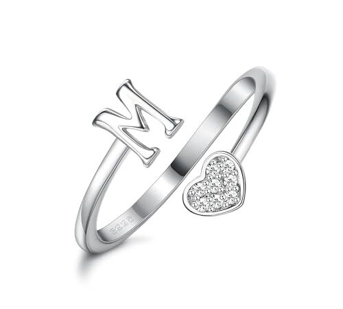 Milacolato Bague Argent 925 Femme Initiaux De Cœur En Argent Sterling Pour Femmes Filles 18K Plaqué Or Initial Coeur Empilable Anneaux Réglables Pour Adolescentes Mignon Coeur Alphabet Lettres