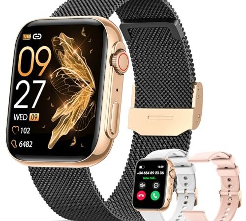 Montre Connectée Femme avec Appel Bluetooth, 1.85” AMOLED Smartwatch Femme IP68 Étanche avec 3 Bracelets 120+ Modes Sportifs Suivi de Sommeil SpO2 Règles, Cadeau Femme pour iOS Android, Noir Or