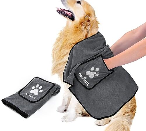 Nobleza Serviettes pour Chiens, Extrêmement Absorbantes et Douces, Serviette en Microfibre à séchage Rapide pour Chiens de Taille Moyenne & Grande, 106x66cm, Gris