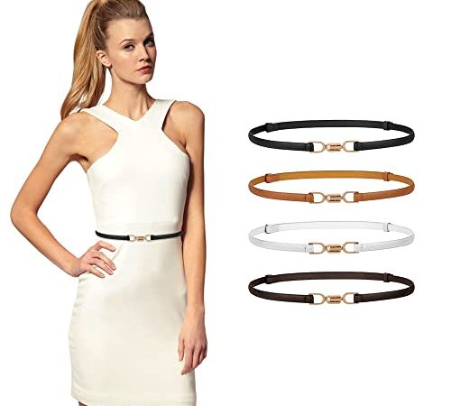 NOKDAL 4pièces Ceinture Fine Femme Cuir Noir Blanche Marron Belt Ceinture Fin Faux Cuir avec boucle Décoration Ceinture pour Jeans Jupe Robe Pants Pantalon Décoration