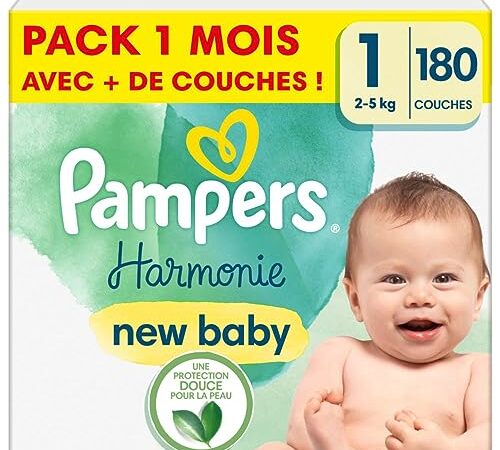 Pampers 180 Couches Bébé Harmonie Taille 1 (2-5 kg), Pack 1 Mois, 100% d'absorption & des Ingrédients d'origine végétale, Hypoallergéniques