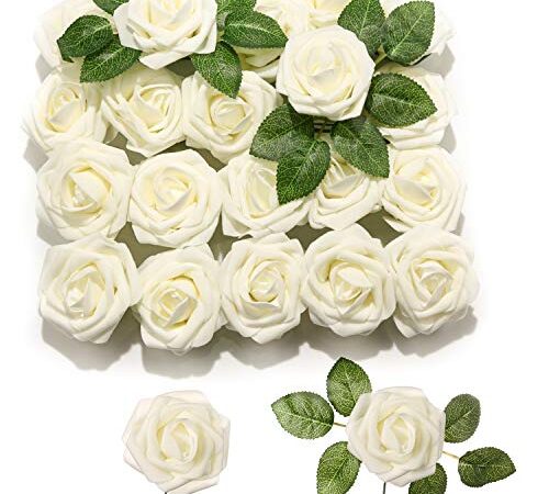 PartyWoo Roses Artificielles, 20 Pièces Fausses Fleurs, Fausses Fleurs, Fleurs Décoratives, Roses en Mousse, Fausses Fleurs Décorations, Fausses Fleurs pour Décorations de Fête (Beige)