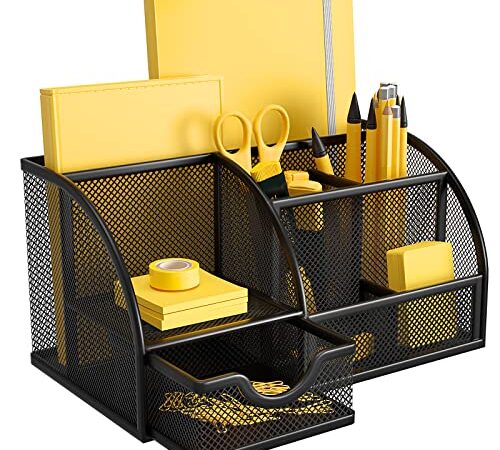 Pipishell Rangement Bureau, organisateur de bureau en maille métallique avec tiroir et porte-stylo, 6 compartiments de tri pour stylos, agrafeuses, pinces à dossiers, notes autocollantes,Noir