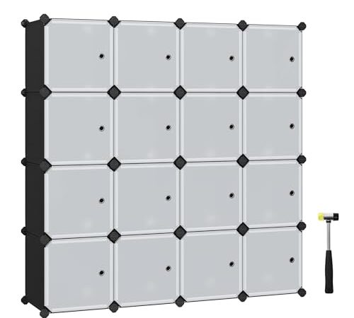 SONGMICS Meuble de Rangement Modulable, 16 Compartiments, Étagère en Plastique, avec Portes, pour Vêtements, Chaussures, Jouets, Livres, Assemblage Facile, Noir LPC44HS