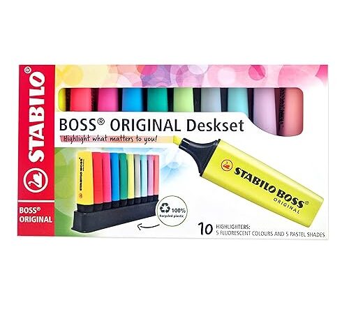 STABILO BOSS ORIGINAL Lot de 10 surligneurs 5 couleurs fluorescentes + 5 couleurs pastel