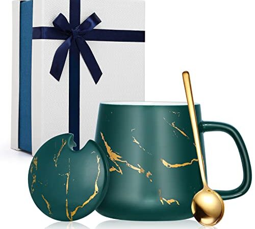 TangDouJM Tasse à café en céramique avec couvercle, Tasse à café en céramique et cuillère, Set cadeau 12 oz/350ml - Vert