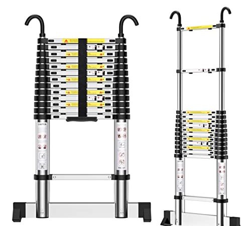 Teenza Échelle Télescopique 4,9m, Escabeau Telescopique Aluminium avec Crochets, Charge Maximale 150kg