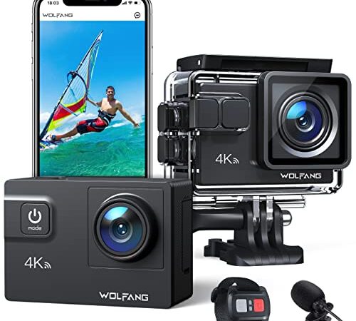 WOLFANG Caméra Sport 4K 60FPS, GA300 24MP Grand Angle Écran Tactile WiFi Caméra Étanche, Zoom 8X Stabilisateur EIS Appareil Photo (Microphone, Télécommande, 2 Piles 1350mAh et Kit d'accessoires)