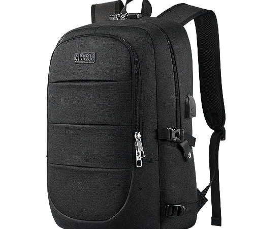 AMBOR Sac à Dos Ordinateur Portable, Sac a Dos Grande Capacité Homme Femme Imperméable 17.3 Pouces avec USB Charging Port Sac a Dos PC Portable pour Loisir Noir