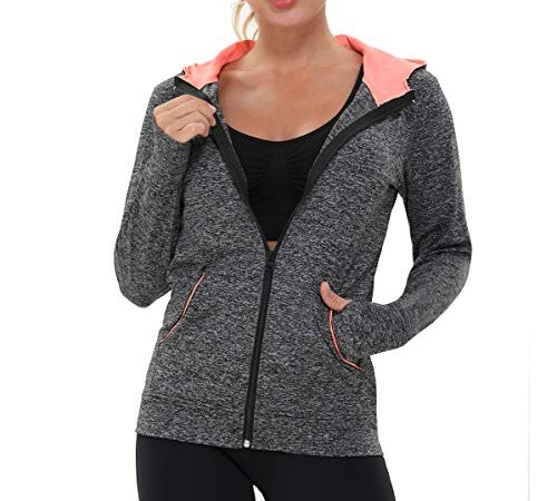 AMZSPORT Sweat à Capuche Zippé pour Femmes Sweatshirts de Fitness Veste Sport avec Trous les Pouces Noir L