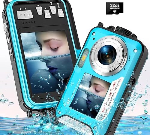 Appareil Photo numérique Etanche 4K 48MP Autofocus Caméra sous-Marine Carte mémoire 32G Selfie Double écrans 11FT 16X Zoom Appareil Photo Etanche